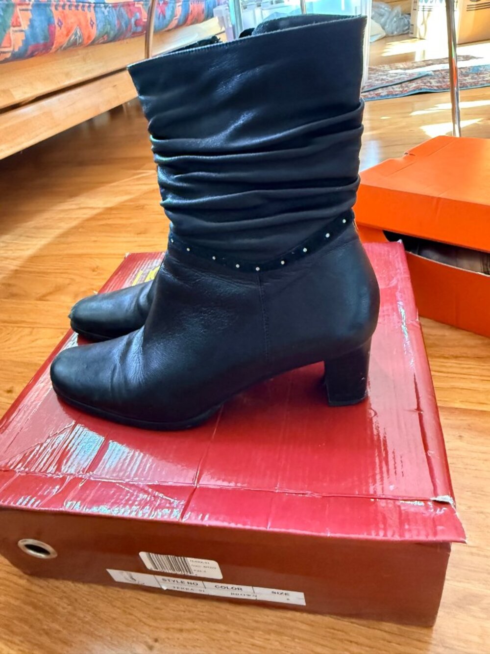 Black Leather Slouchy Mid Calf Boots Studded US 6.5 NEW